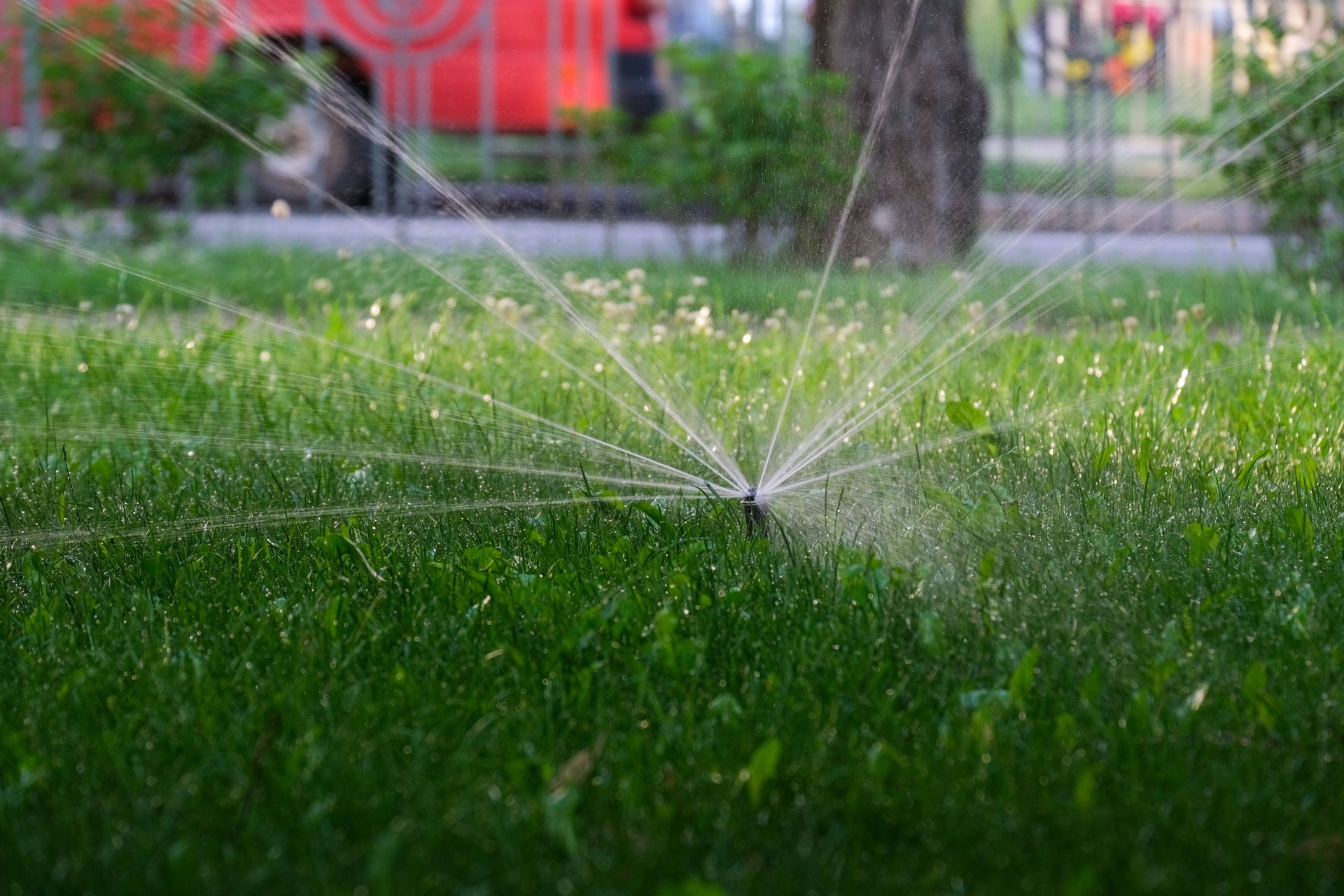 A Sprinkler System Efficiently Watering a Lush Green Lawn Under the Bright Sunshine and Clear Sky Outside
