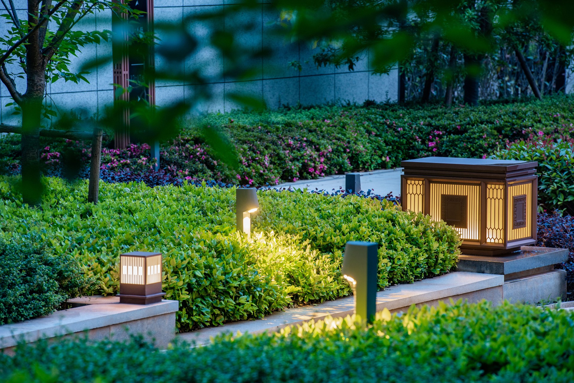 Stone road, landscaping, landscape lights